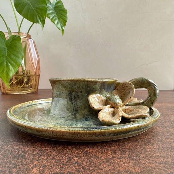 Handmade Ceramic Candle Holder w Flowers & Handle Green and Beige Glazed Pottery - Picture 1 of 11